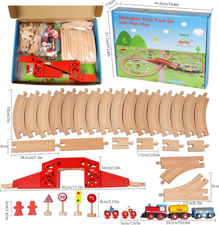 TOWO Holzeisenbahnset mit Stadtplan- Shinington-Eisenbahngleisbau Bauspielzeug für 3 Jahre alte Kind