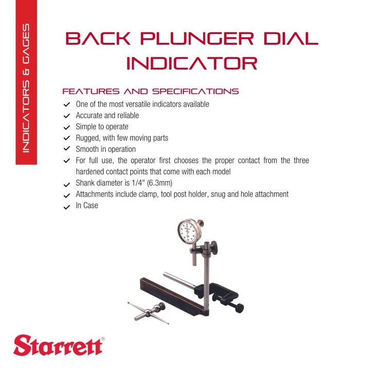 Starrett 196A1Z Universal-Messuhr, hinterer Kolben, weisses Zifferblatt, 0-100 Ablesung, 0-0,2" Bere