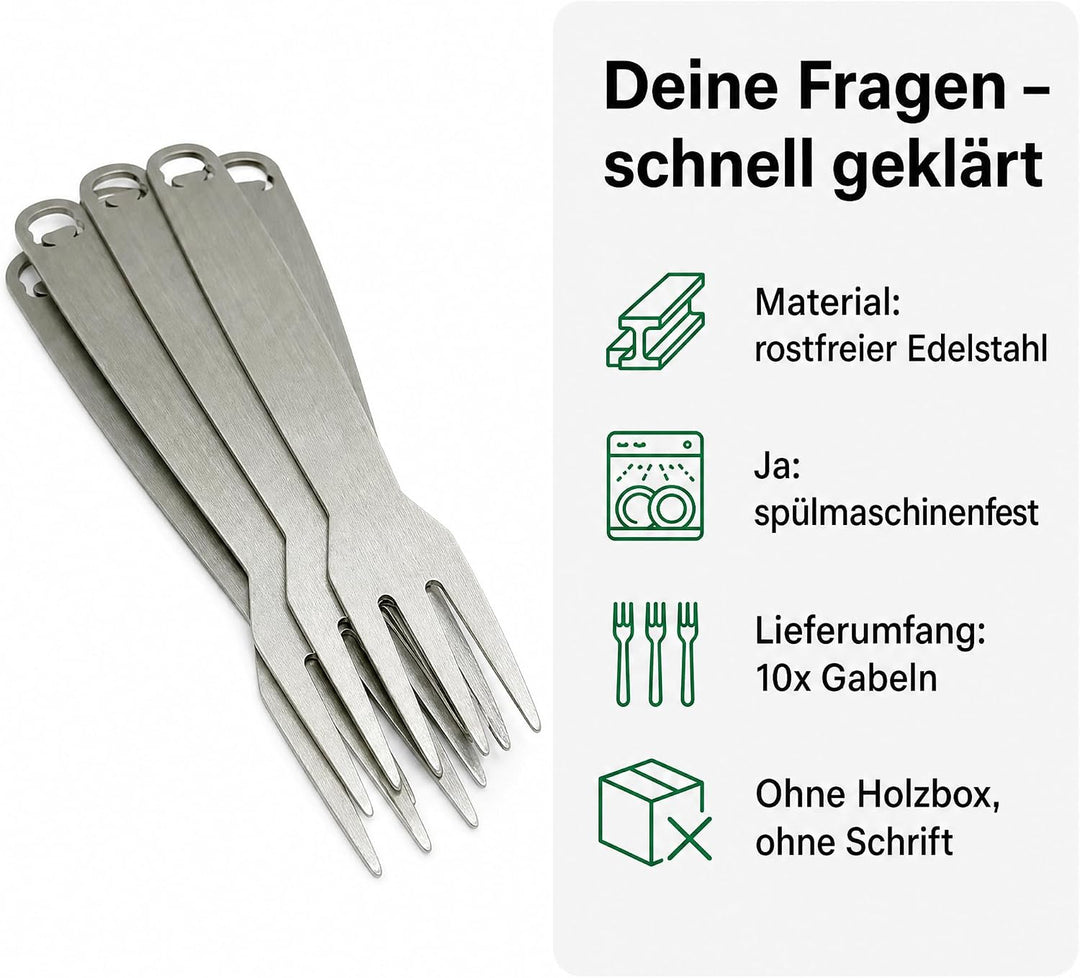 Pommesgabel 10 Stück mit Holzbox Pommesgabeln aus rostfreiem Edelstahl ideal für Pommes, Wurst oder