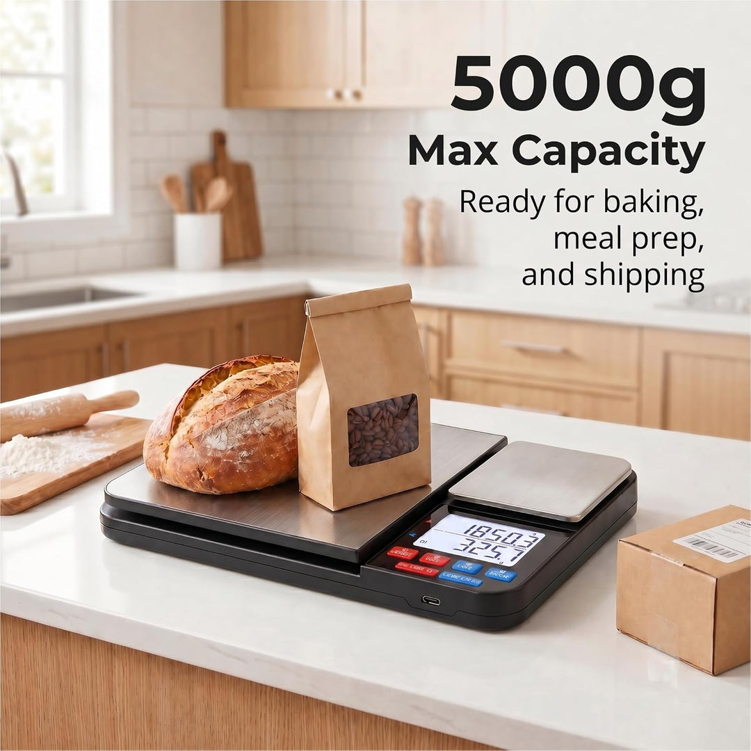 Küchenwaage Digital, Doppelwaage feinwaage 5 kg/1 g und 500 g/0,01 g grammwaage, 7 Masseinheiten, Zä