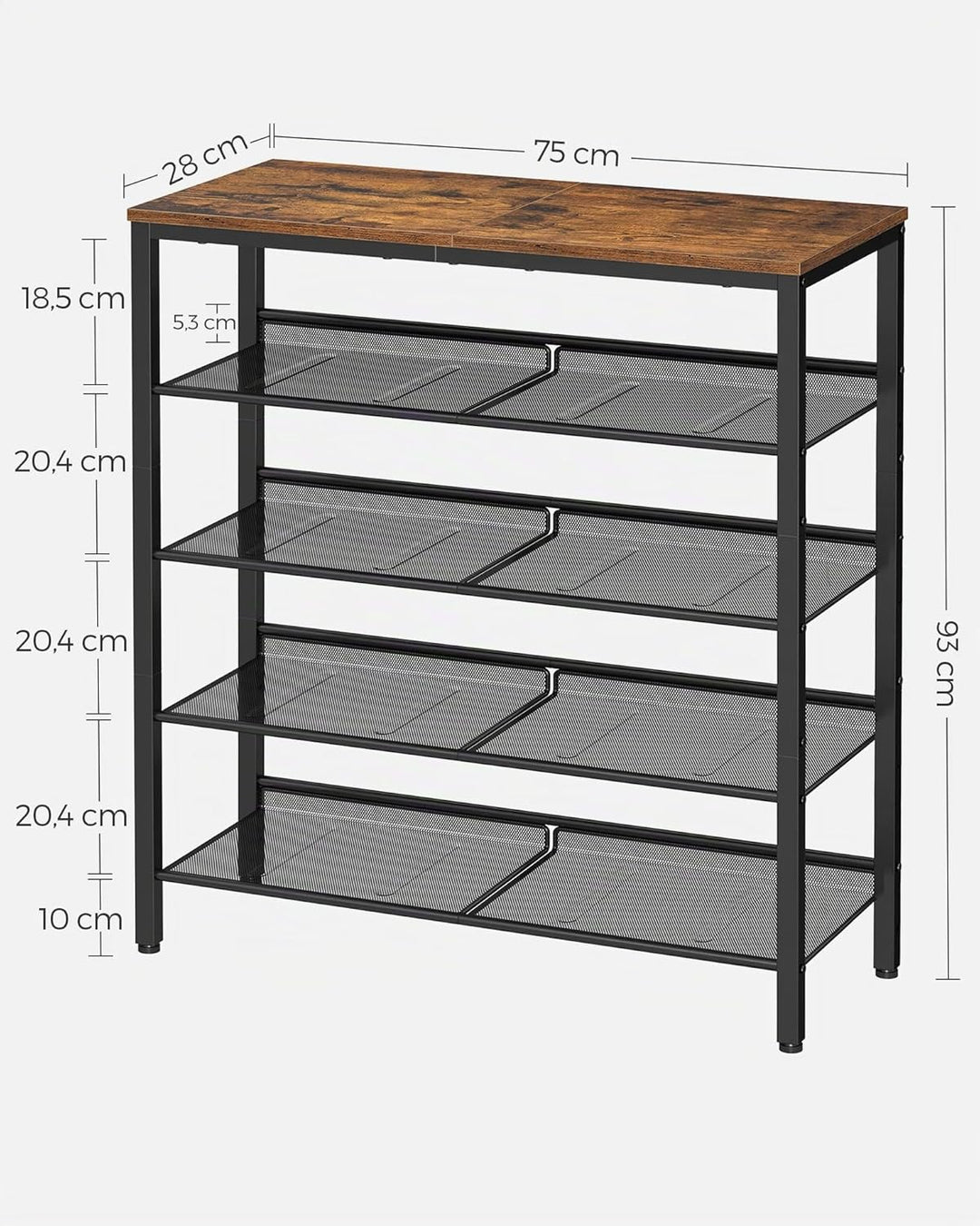 VASAGLE Schuhregal, Schuhablage, 5 Ebenen, grosse Oberfläche, verstellbare Gitterablagen, platzspare