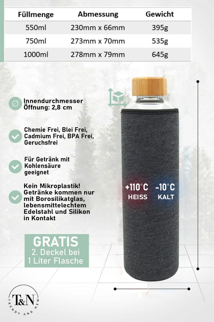 T&N Glasflasche 1 Liter / 750ml / 500ml – Trinkflasche Glas 1l mit Neoprenhülle – Wasserflasche Ausl