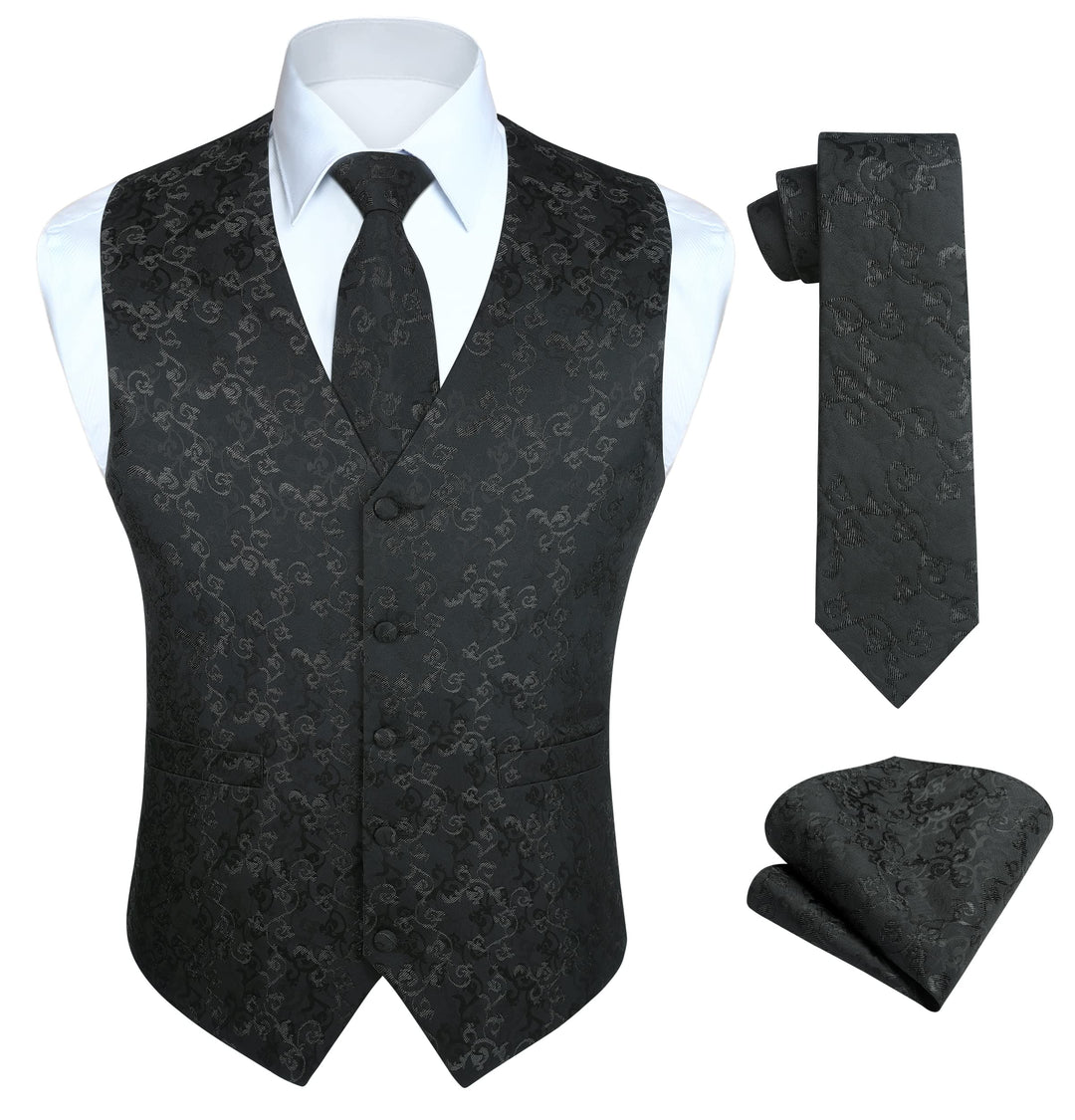 HISDERN Herren Weste Paisley Floral Jacquard Krawatte Einstecktuch Taschentuch Weste Anzug Set XXL S