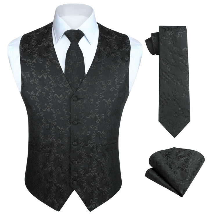 HISDERN Herren FLoral Hochzeit Weste Krawatte Einstecktuch Taschentuch Jacquard Weste Anzug Set M Sc