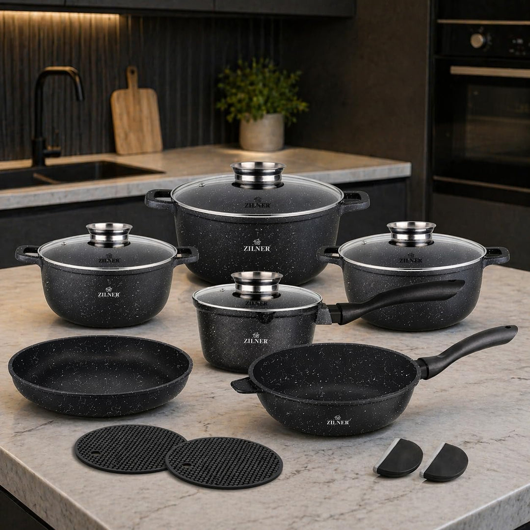 Topfset Induktion 14-teilig – Marmorbeschichtung Töpfe & Pfannen Set mit Glasdeckel, Kochtopf Set fü