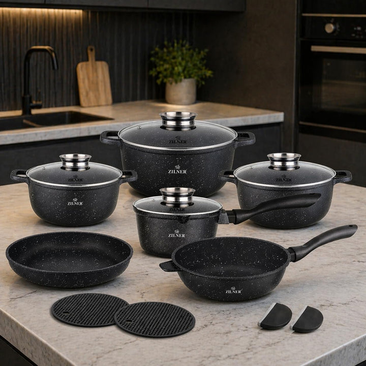Topfset Induktion 14-teilig – Marmorbeschichtung Töpfe & Pfannen Set mit Glasdeckel, Kochtopf Set fü