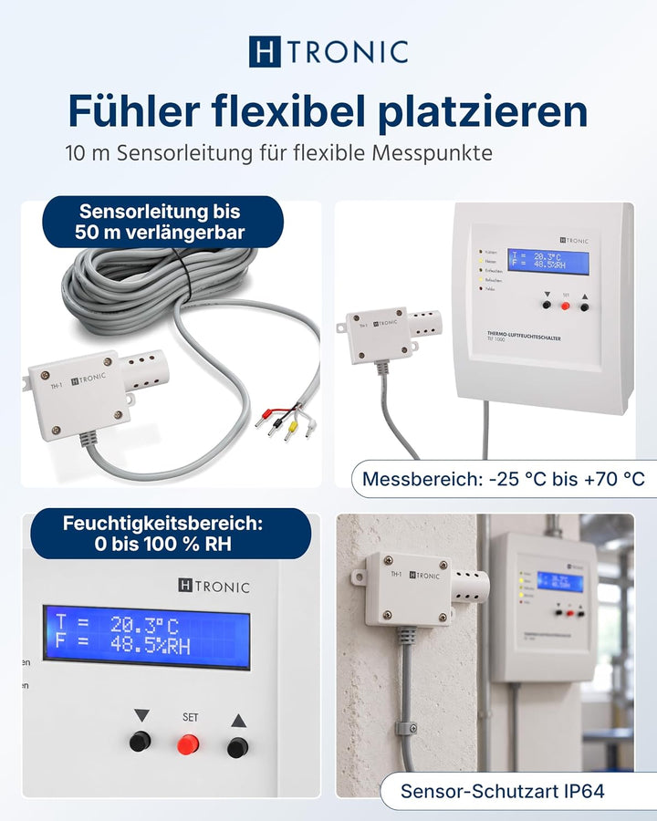 TLF1000 Temperatur-Luftfeuchteschalter inkl. Sensor, Thermostat, Hygrostat, 230V