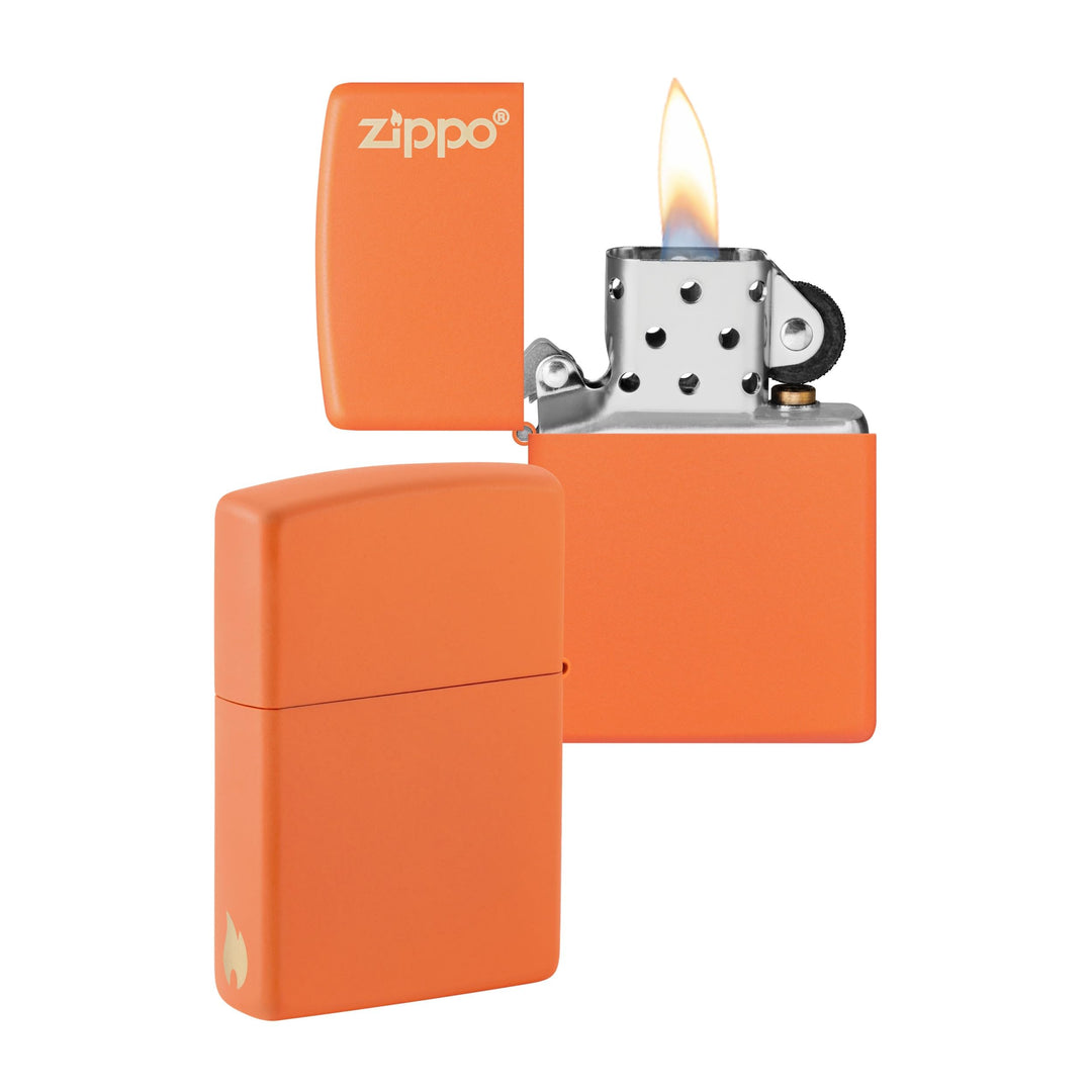 ZIPPO –– Zippo Logo und Flammenmotiv – Orange Matte – Laser Engrave – Sturmfeuerzeug, nachfüllbar, i