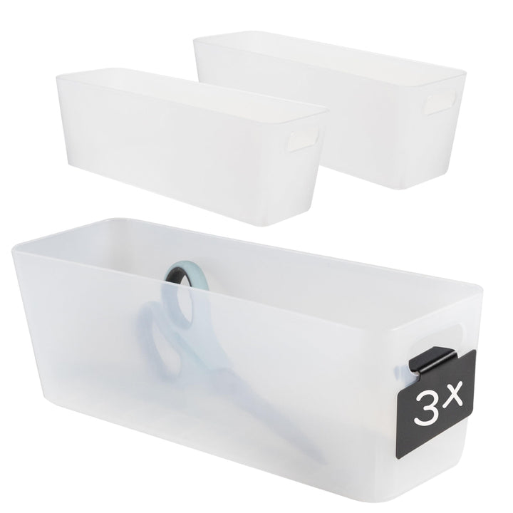 3x Ordnungsbox 10 cm hoch - milchig-transparent 30x10x10cm 2 Liter - mit Beschriftungsclip Ordnungsk