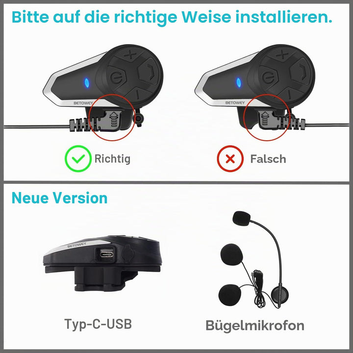 BETOWEY BT-S3 Doppeltes Motorrad Intercom-Set für 2 Personen - 1000m Reichweite, Bluetooth Helm-Komm