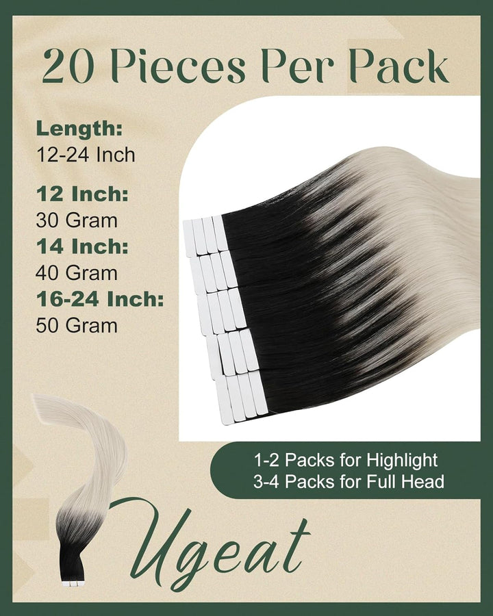 Ugeat Balayage Tape in Hair Extensions Schwarz mit Aschblond bis Platinblond Tape Extensions Echthaa