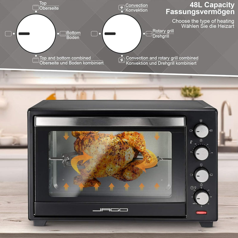 Jago® Minibackofen mit Umluft - 30/48/60L, 1600/2000W, 100 bis 230°C, Timer (0-60 Min), mit Drahtgit