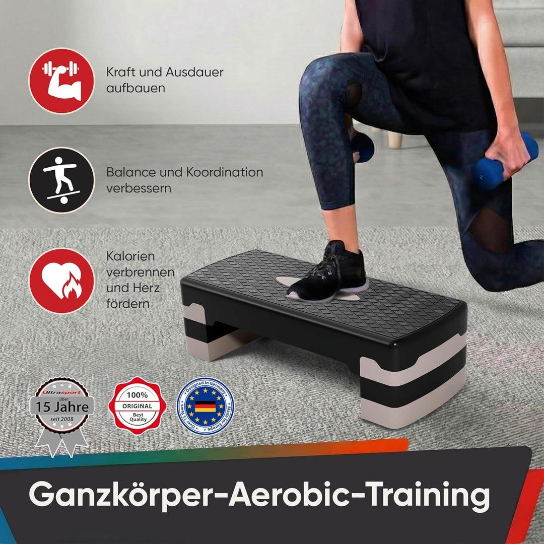 Ultrasport Aerobic Steppbrett I Step Up Board Rutschfest, 3-fach Höhenverstellbar I Fitness Stepper