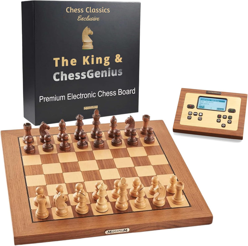 Millennium Chess Classics Exclusive (M828) – Holz-Schachcomputer mit Figurenerkennung, 2 Top-Schachp