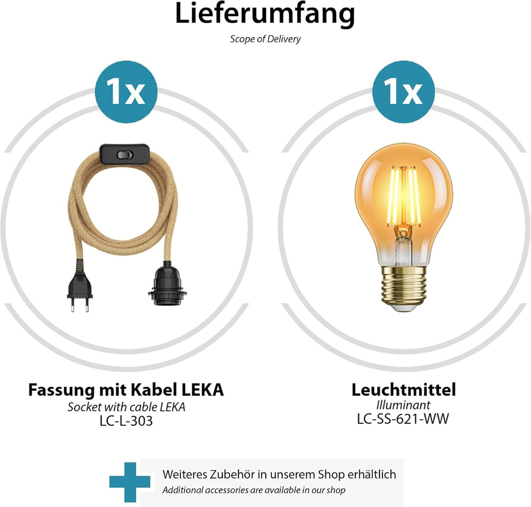 ledscom.de Hanfkabel LEKA mit Stecker, Schalter und E27 Fassung, inkl. E27 Lampe 471lm Gold Vintage