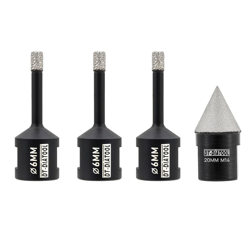DT-DIATOOL Diamant-Bohrer-Set 6/6/6mm mit 20mm Diamant-Fasenbohrer für Porzellan Keramik Fliesen Mar