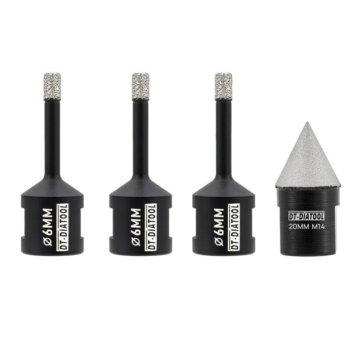 DT-DIATOOL Diamant-Bohrer-Set 6/6/6mm mit 20mm Diamant-Fasenbohrer für Porzellan Keramik Fliesen Mar