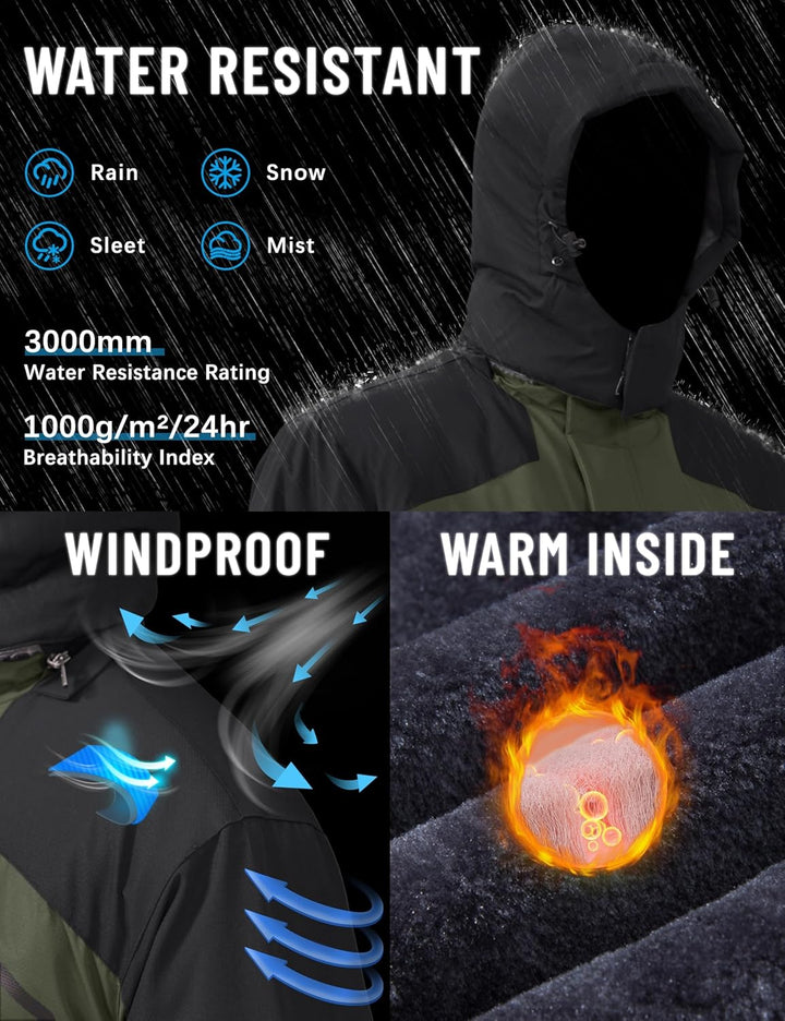 TACVASEN Herren Winter Wasserdichte Winddichte Winterjacke Warme Fleece-Futter Ski Regenmantel mit K