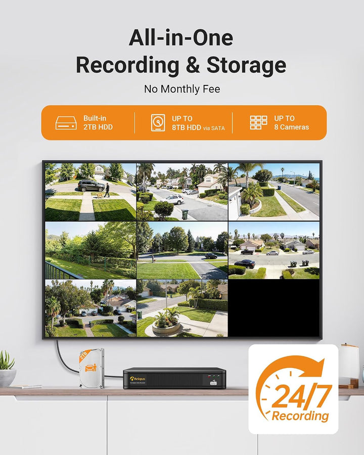 Anlapus  H.265+ 1080P Outdoor Überwachungskamera Set mit 2TB Festplatte 8CH 1080P DVR mit 8X 2MP Dom