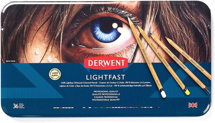 Derwent Lightfast Buntstifte, 36 Stück im Metalletui, 4 mm Runder Kern in Premium-Stärke, Cremige Te