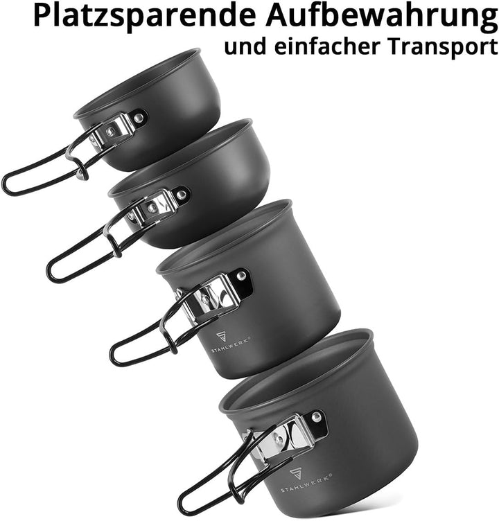 STAHLWERK Camping Kochtopf-Set 4-teilig aus Aluminium, Outdoor Kochgeschirr mit Antihaftbeschichtung