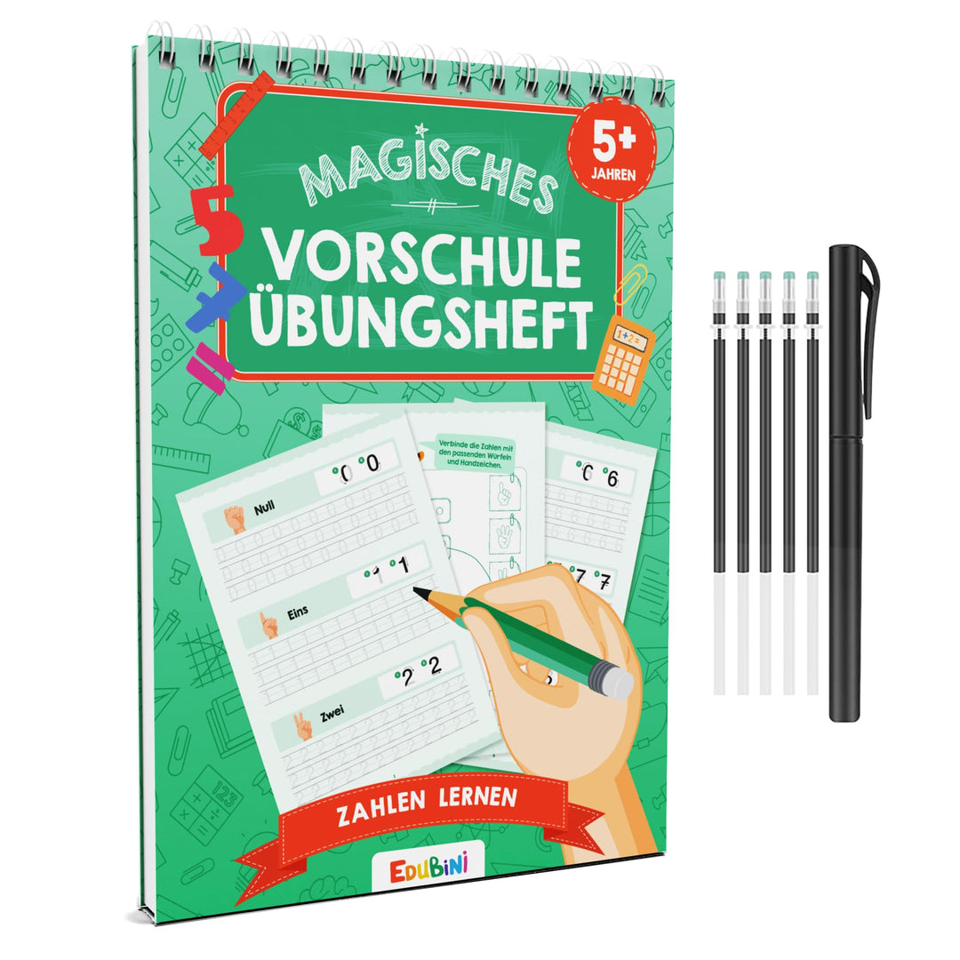Edubini Magische Vorschule Übungshefte ab 5 Jahren für Junge & Mädchen - [Heft + Stift] - Wiederverw