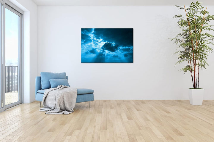 deyoli strahlende Wolken Format 80x60 Effekt: Monocrome Blau als Leinwandbild, Motiv fertig gerahmt