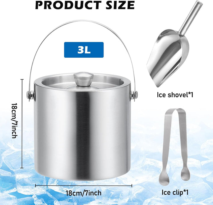 3L Eiswürfelbehälter mit Deckel, Edelstahl Eiswürfelbehälter Doppelwandig Isoliert, Eiskübel mit Dec