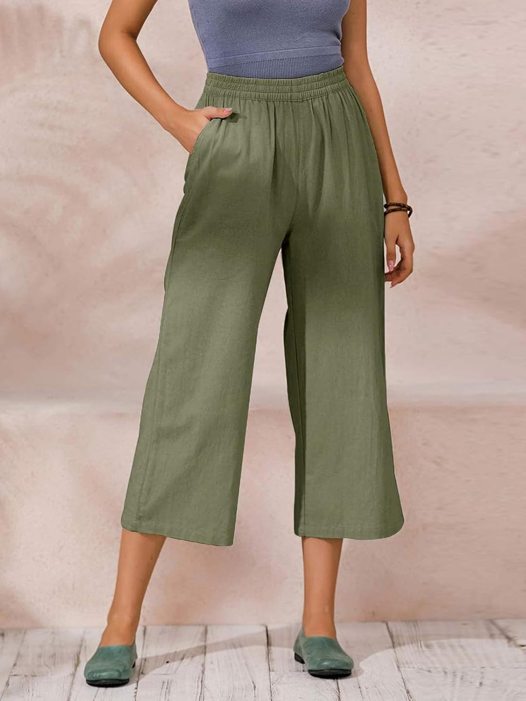 Ecupper Capris Hose Damen Sommer Übergrösse Baumwolle Lässig Hose Stoffhose Weitehosen, Armeegrün