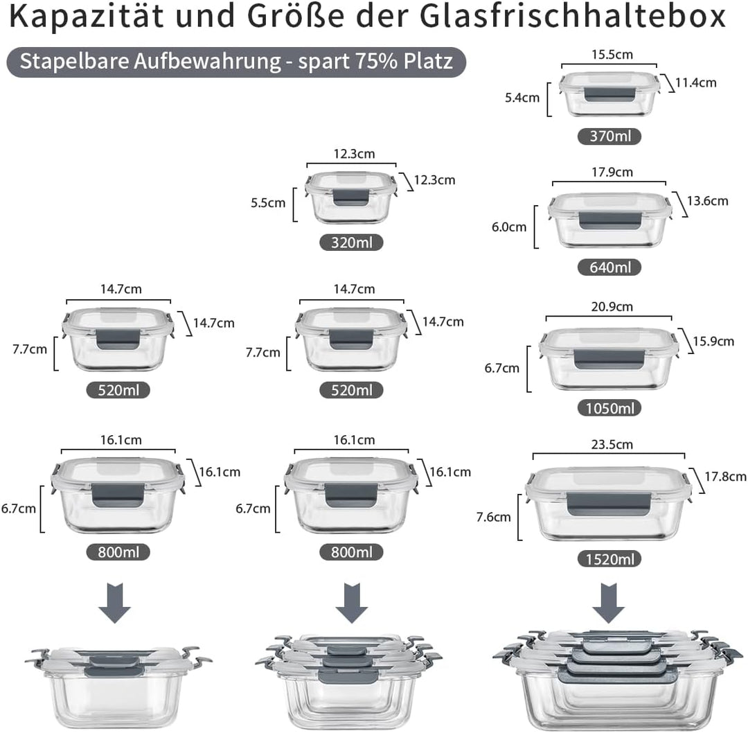 Glas-Frischhaltedosen Set für Lebensmittel,18 Teile (9Behälter, 9 Transparente Deckel) Spülmaschinen