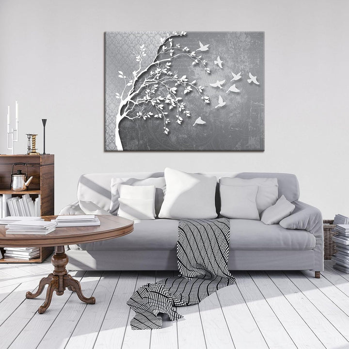 Forwall Bilder Canvas Silber Baum Vögel Modern Schlafzimmer Wohnzimmer Leinwandbilder Wandbild Kunst