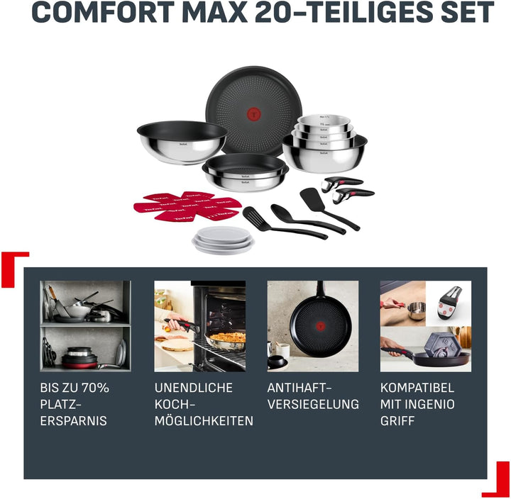 Tefal Ingenio Comfort Max 20-tlg. Kochgeschirr-Set, Titanium Antihaftversiegelung, stapelbar, platzs