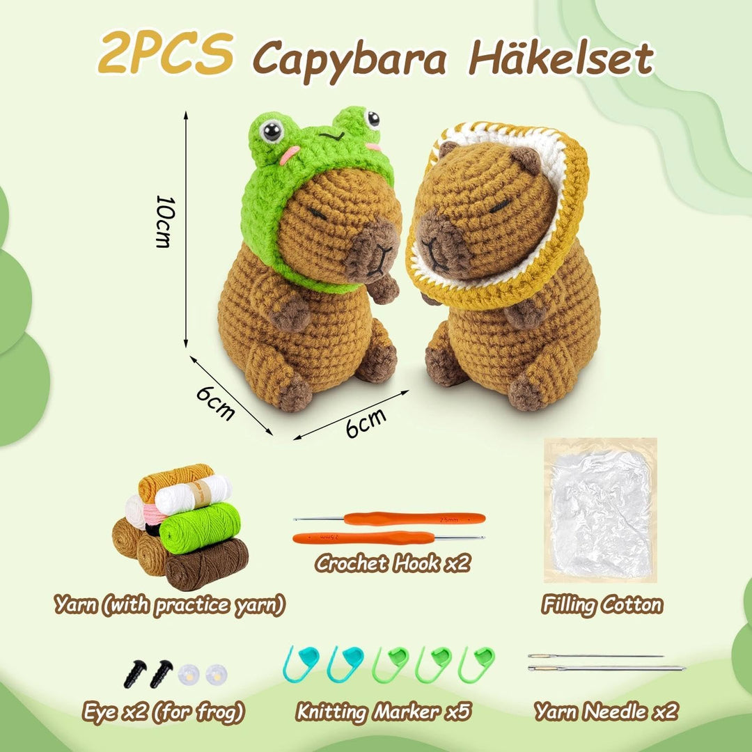 Clyrax 2 Stück Gehäkelte Tiere, Capybara Häkelset für Anfänger mit Videoanleitung & Material, Häckel
