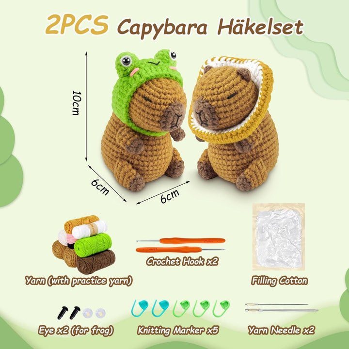 Clyrax 2 Stück Gehäkelte Tiere, Capybara Häkelset für Anfänger mit Videoanleitung & Material, Häckel