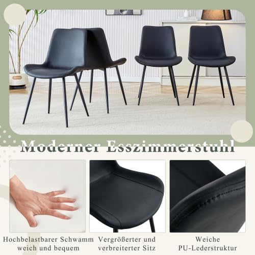 Esszimmerstühle 4er Set Kunstleder schwarz – Polsterstuhl mit breiter Sitzfläche &amp; Rückenlehne, ergo