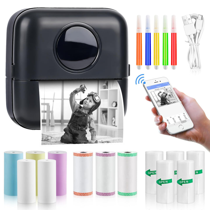GuKKK Mini Drucker, Mobiler Fotodrucker, Tragbarer, Wireless Thermodrucker, mit 13 Rollen Druckerpap