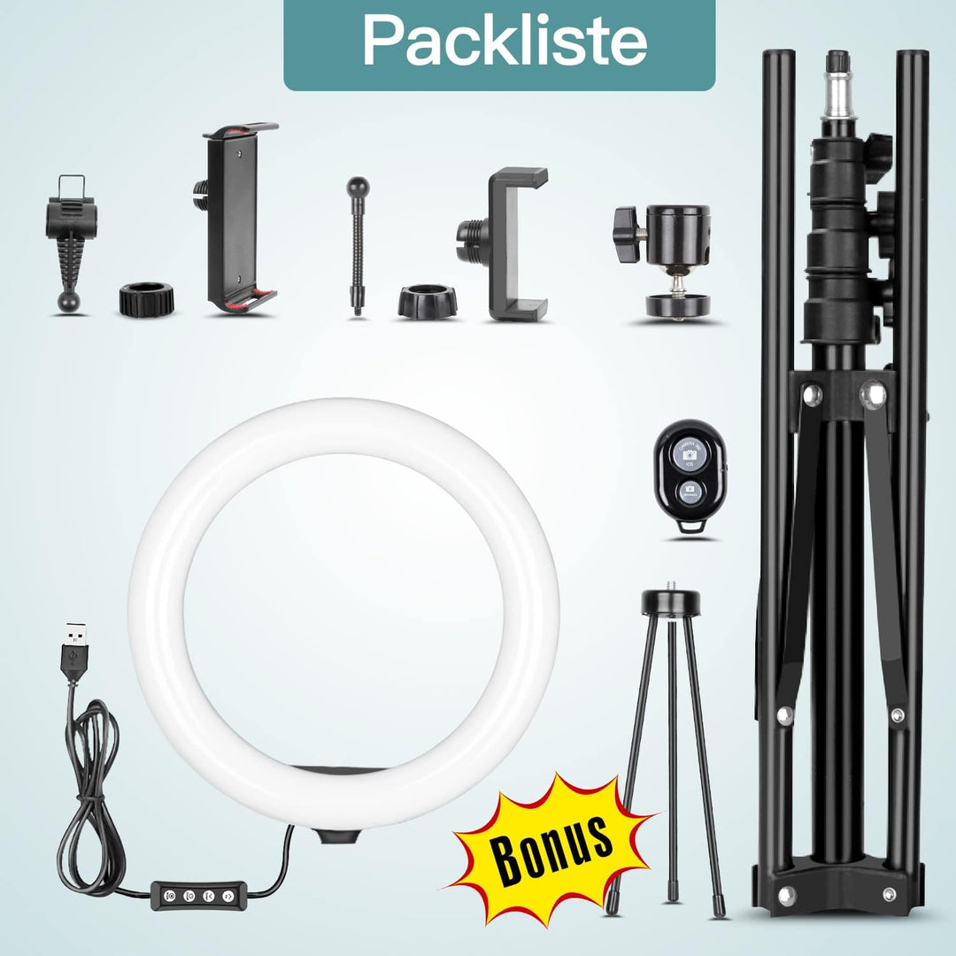 LED Ringlicht mit Stativ Handy, 10" Selfie Ringleuchte mit Fernbedienung und Doppel Handyhalter mit