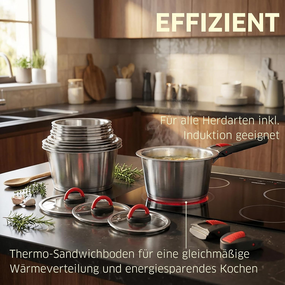 Topfset Induktion 9-teilig 18 & 20 cm mit Glasdeckel, Frischhaltedeckel & abnehmbaren Griffen, Edels