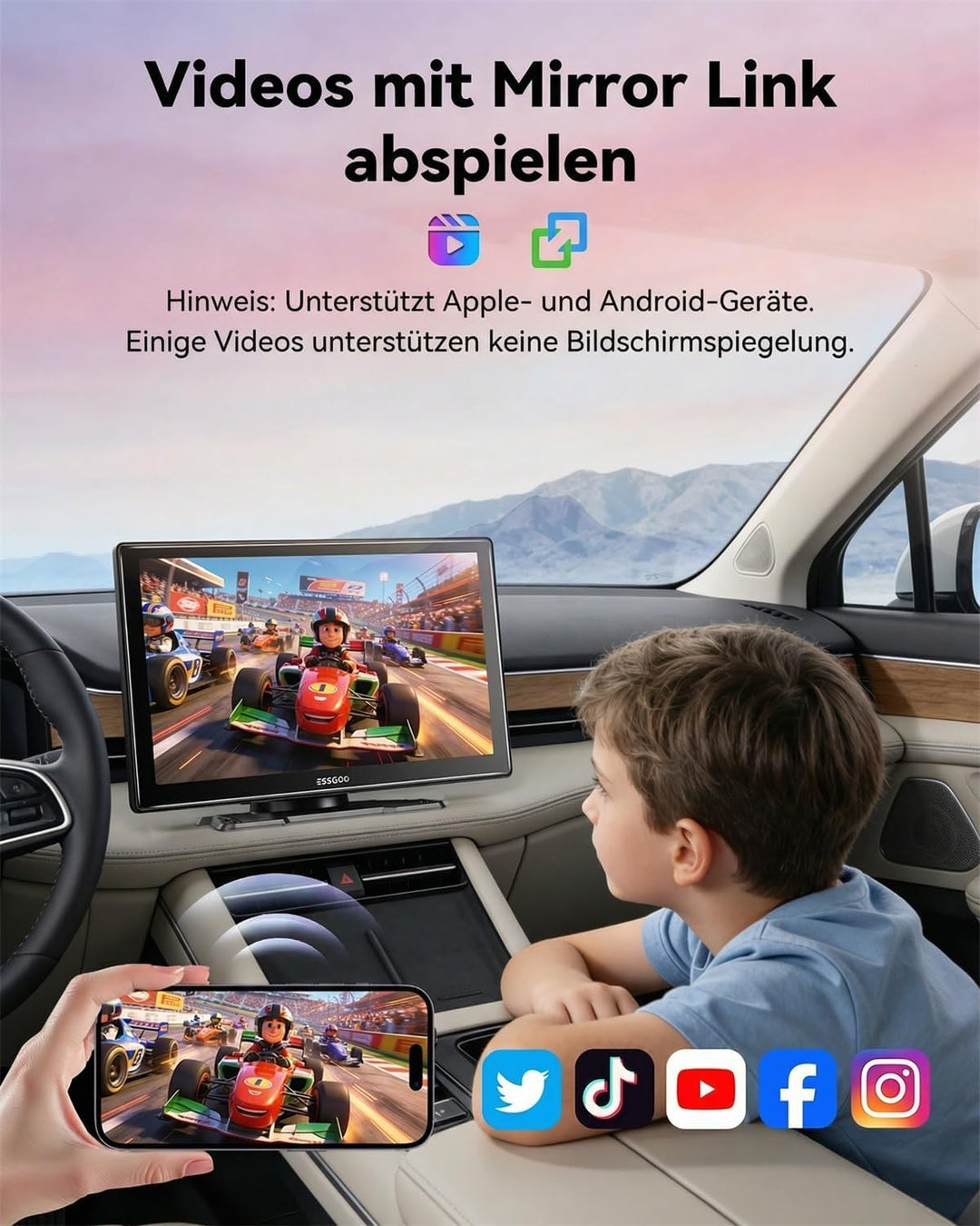ESSGOO Carplay Android Auto Display mit Rückfahrkamera,9 Zoll Carplay Bildschirm für Apple/Android A