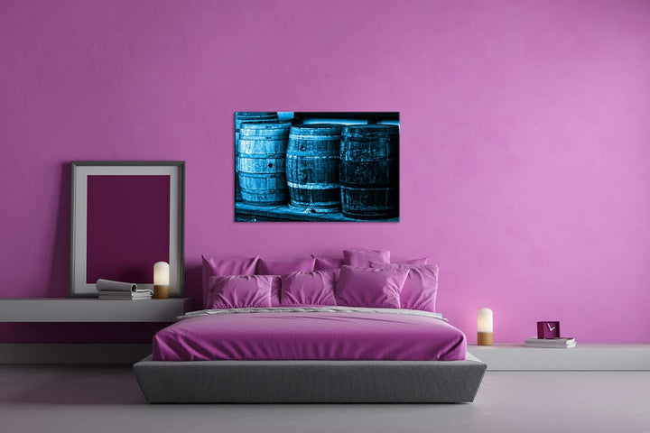 deyoli alte Holzfässer mit Wein Format 80x60 Effekt: Monocrome Blau als Leinwandbild, Motiv fertig g