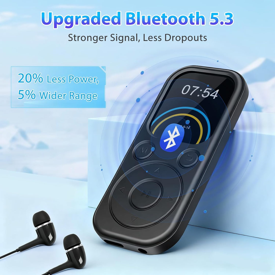 MP3 Player mit Bluetooth 5.3, Tragbarer Musikplayer mit 64GB Speicherkarte, FM Radio, Sprachaufnahme