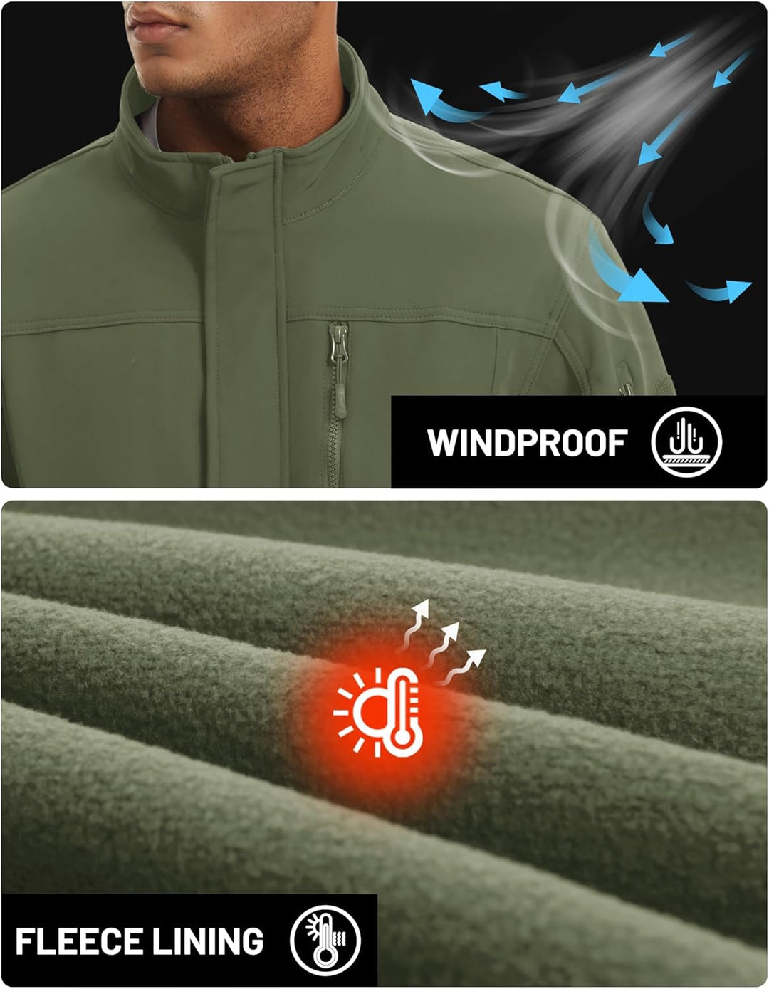 TACVASEN Herren Softshell Jacke Winddichte Outdoorjacke Übergangsjacke mit Reissverschlusstasche L A