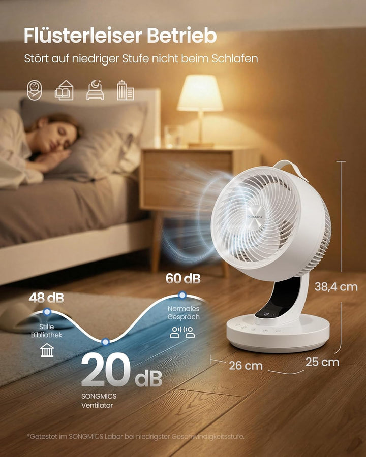 SONGMICS Tischventilator, Ventilator leise 20 dB, Luftzirkulator LED-Display, Fernbedienung, effizie