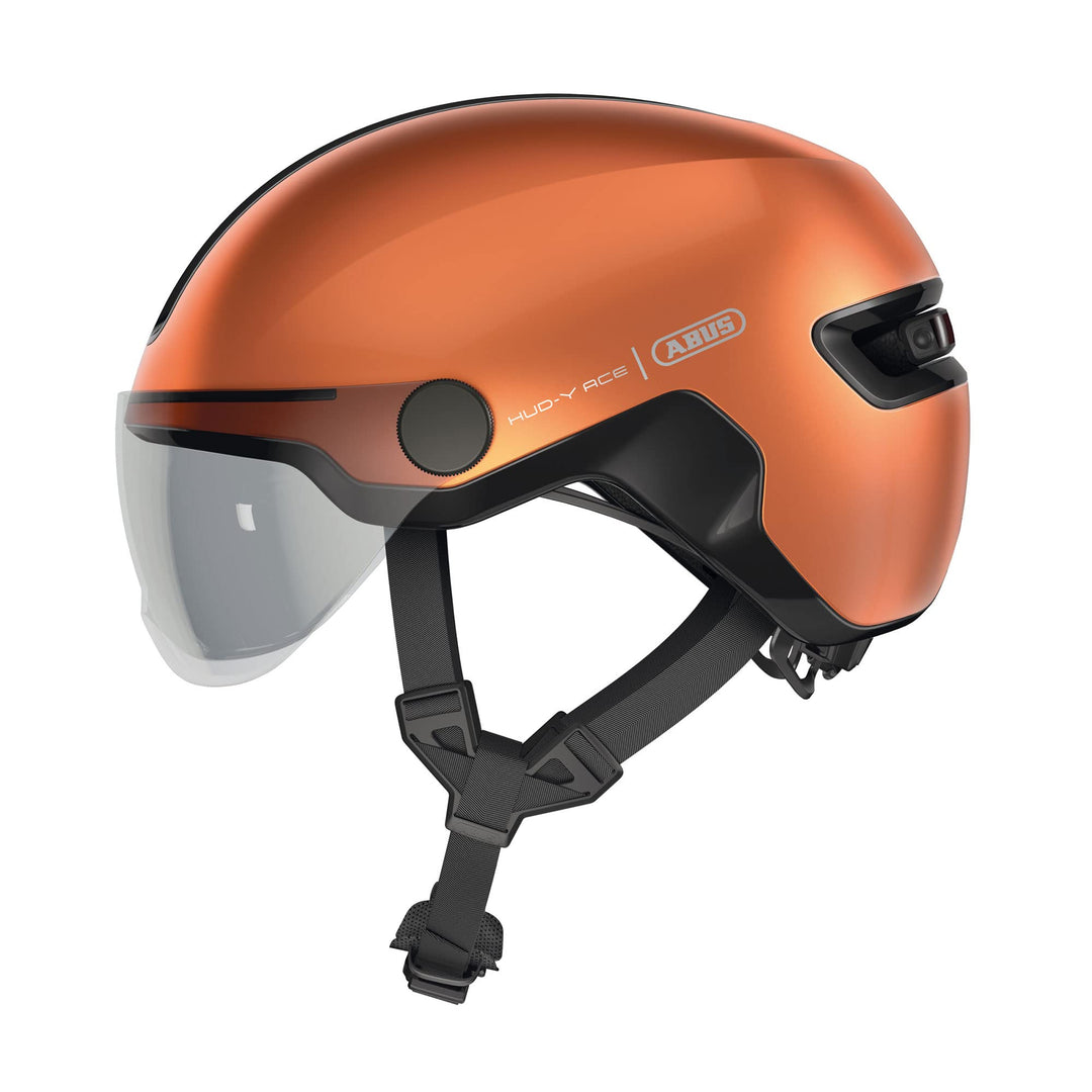 ABUS Stadthelm HUD-Y ACE - stylischer Fahrradhelm mit Visier und magnetischem, aufladbarem LED-Rückl