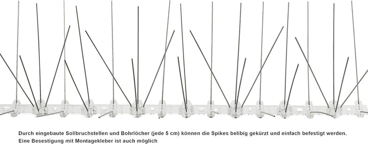 Profi Edelstahl Taubenspikes 5 Reihig - Effektive Taubenabwehr- Vogelabwehr Kunststoffleiste Spikes