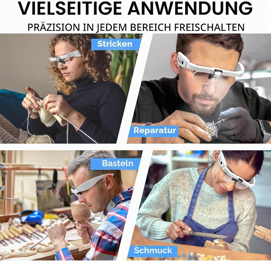Lupenbrille mit Licht, 1,5-fache bis 5-fache Lupe mit 4 abnehmbaren Gläsern, freihändige, wiederaufl