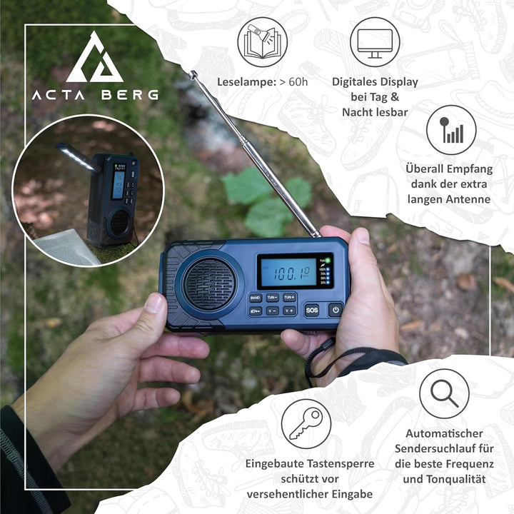 Acta Berg Kurbelradio | Notfallradio mit Kurbel & 5000 mAh Akku | Solar Radio mit Weltempfänger | Ha