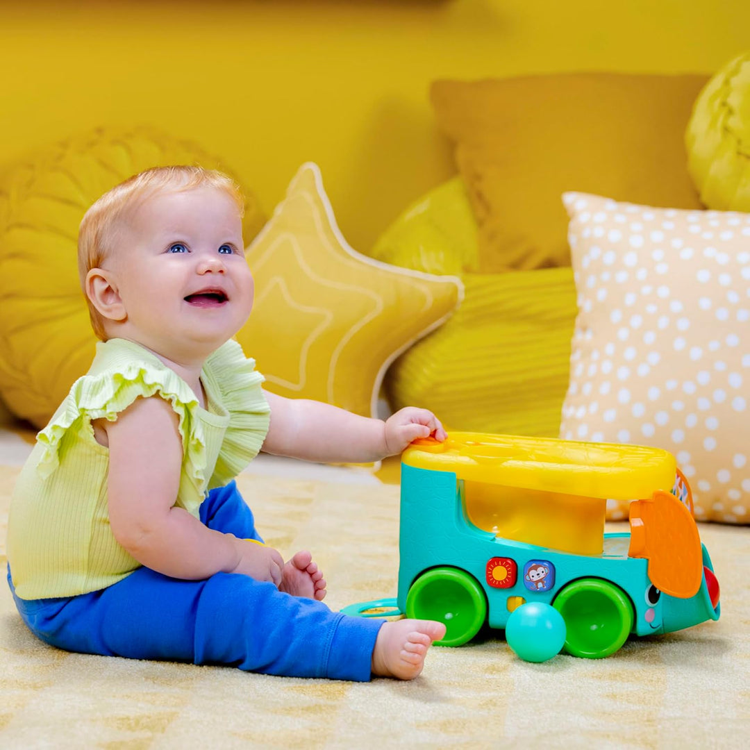 Bright Starts Pop & Roll Safari Bus Ballspielzeug, Elefanten Popper und Werfer, Baby Krabbelspielzeu
