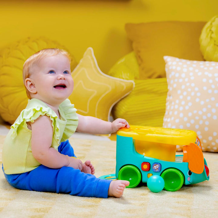 Bright Starts Pop & Roll Safari Bus Ballspielzeug, Elefanten Popper und Werfer, Baby Krabbelspielzeu