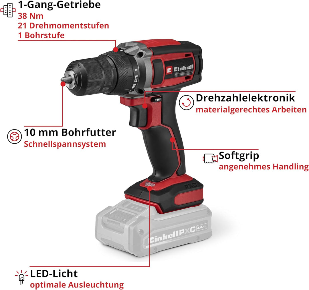 Einhell Akku-Bohrschrauber TC-CD 18/38 Li - Solo Power X-Change (18 V, 38 Nm, 10 mm Schnellspannbohr